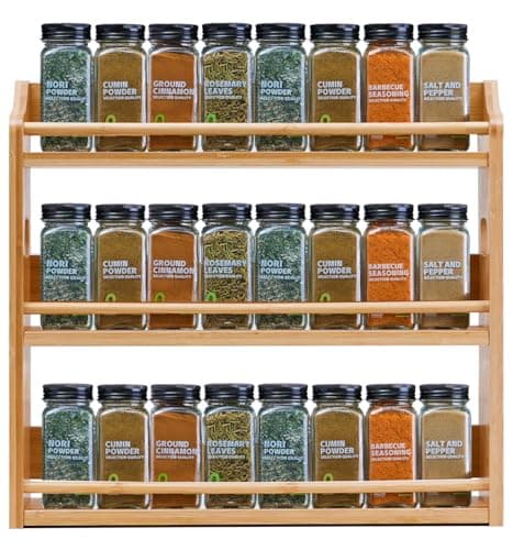 Bambition Bamboo Spice Rack Organizer, 3 Tier Spice Jars Storage Rack with Handles, Seasoning Shelf for Kitchen Counter or Wall