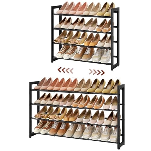 FAVOOSTY 4-Tier Expandable Shoe Rack, Adjustable Shoe Shelf Storage Organizer Space Saving Metal Free Standing Shoe Rack for Entryway Closet Doorway, Black