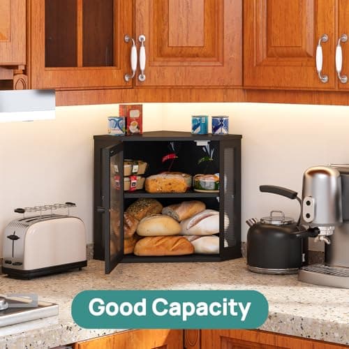 viewcare Corner Bread Box for Kitchen Counter, Bamboo Wood Black Bread Box, Large Capacity Bread Storage Bin with Acrylic Wavy Door Panel (Black, Meduim) 7
