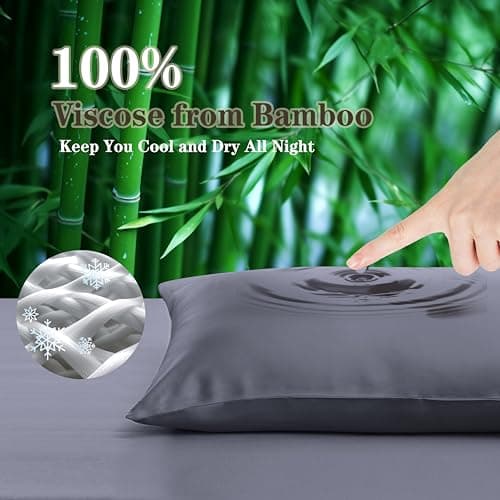 2 Pack Cooling Pillowcases for Hot Sleepers & Night Sweats, 400 TC Bamboo Viscose Pillow Protectors, Zippered Pillow Cases Queen Size, Breathable Silky Soft Pillow Covers, Dark Grey, 20x30 7