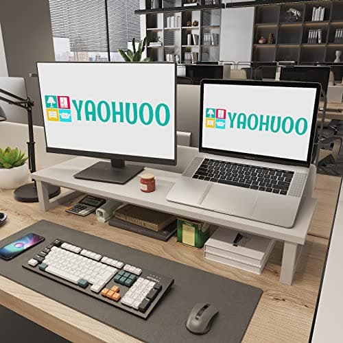 YAOHUOO Dual Monitor Stand Riser, 39Inch Large Monitor Stands for 2 Monitors, Computer Monitor Stand, Wooden Desktop Oraganizer Shelf for Office Desk Computer,Laptop,TV 6