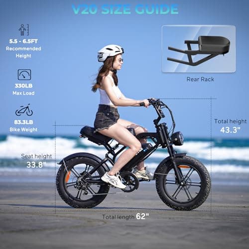 Tamobyke V20 Electric Bike for Adults, 1500W Motor (Peak), 30MPH Electric Dirt ebike, 20'' Fat Tire E-Bike with 48V 15.6AH Battery, Full Suspension Hydraulic Brakes, E Bike for Snow, Sand, Road 8