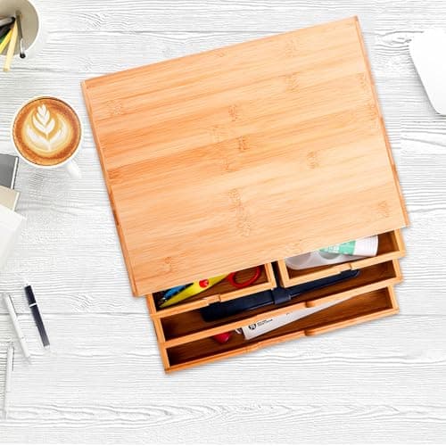 DEAYOU Bamboo Desk Organizer, 100% Natural Bamboo Desktop Drawer Organizer, Tabletop Storage Cabinet Organization Box with 4 Drawers for Makeup, Letter, Home Office Supplies, 3-Layer, Fully Assembled 6