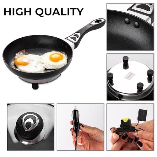 ZONETECH 12V Frying Pan with Glass Lid Portable Non-Stick 7.5-inch Stay-Cool Handles, Rapid Heat Up, Perfect For Camping, Picnic and more 3