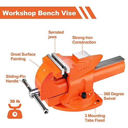 PONY Heavy Duty Bench Vise, 5-inch Jaw Width 7-inch Jaw Opening, 360-Degree Swivel Base with Anvil, Utility Combination Pipe Home Vise for Woodworking, One-Pair Vise Jaw Pad Included 7
