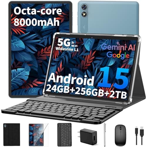 Android 15 Tablet 10 inch, 2025 Tablet with Keyboard, 24GB+256GB+2TB Expand, 2-in-1 Tablets with 8-Core, 5G WiFi, 8000mAh, BT5.0, GMS Certified, with Mouse, Case, Stylus, Split Screen(Black case)