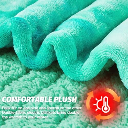 greenoak Heated Electric Blanket Throw, Faux Fur Sherpa Heating Blanket for Sofa Bed, Warm Winter Gifts for Women/Her, Heater Lap Blankets 5-Position Timer &10 Heating Levels 50''*60" Aqua 7