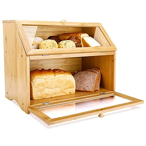 HOMEKOKO Double Layer Large Bread Box for Kitchen Counter, Wooden Large Capacity Bread Storage Bin (Natural Bamboo) 8