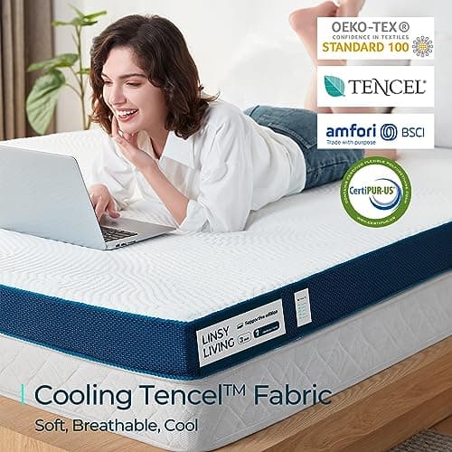 LINSY LIVING Twin Mattress Topper, 3 Inches Dual Layer Firm Memory Foam for Pressure Relief, Removable and Washable Tencel™ Cover, Adjustable Straps, CertiPUR-US Certified, Oeko-TEX, Twin Size 3
