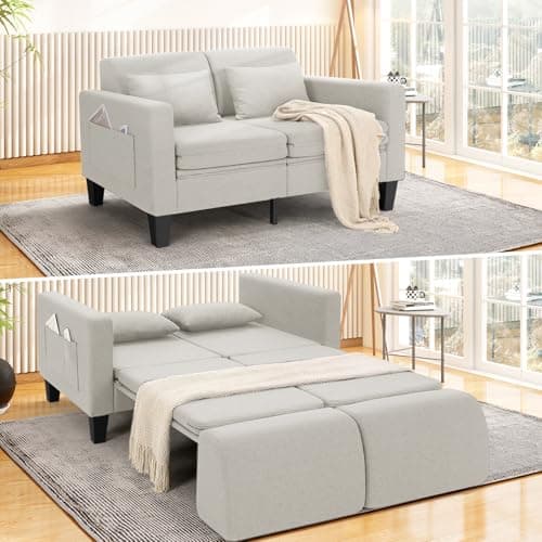 SEJOV 6-in-1 Convertible Sofa Bed, 58" Loveseat Sleeper Sofas with Pull Out Couch Bed, Removable Backrest, Storage Pockets and 2 Pillows, Modern Folding Linen Futon Couch for Small Spaces, White
