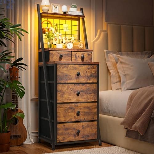 Tall Dressers for Bedroom, Tall Nightstand with 6 Drawers, Narrow Side Table with LED Light for Living Room, Beside Table for Entryway Hallway, Sturdy Metal Frame 11.75"D×21"W×51.3"H, Rustic Brown