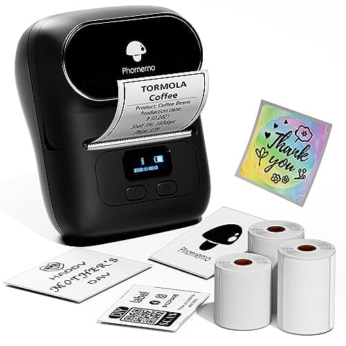Phomemo Label Maker - M110 Address Label Printer Bluetooth Thermal Printer for Business, Office, School, Home-use, Barcode, Logo, Clothing Labels, with 3 Label Roll, Black
