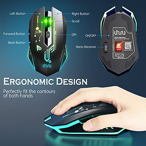 UHURU WM-02Z Wireless Gaming Mouse, 2.4G Wireless Rechargeable Mouse with 6 Programmable Buttons, 5 Adjustable Levels DPI Up to 4800DPI, 7 Colorful LED Lights, Compatible with Notebook, PC, Mac 6