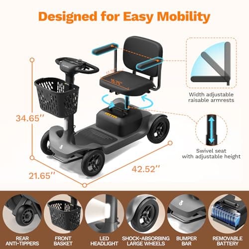 Glashow S1 Mobility Scooter for Adults, 4-Wheel Electric Mobility Scooter – 25-Mile Range, 6 mph, Smart Safety Features, Spacious Legroom, Swivel Seat, Headlight & Basket, Charger Included – Dark Gray 7