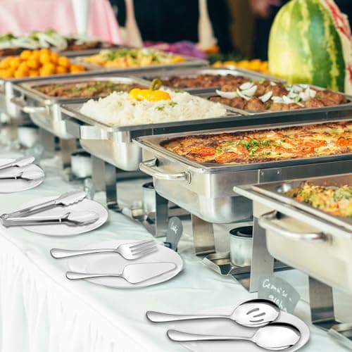 Serving Utensils, XEVOM 6-Piece Stainless Steel Serving Utensil Set Include Serving Spoon, Slotted Serving Spoon, Serving Fork,Serving Tong, Appetizers Tong,Pie Server (Silver), Regular 7