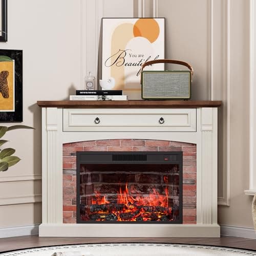 AHB Corner TV Stand with Remote Control, Electric Fireplace with Wooden Mantel, Entertainment Center with Efficient Heating System, Adjustable Brightness Realistic Flame(White) 8