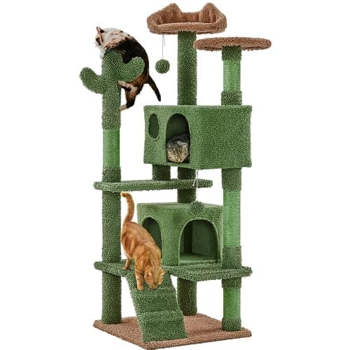 Yaheetech Cactus Cat Tree, 54.5in Tower w/Ramp, Animal-Ear Shaped Perch, Scratching Posts, Platform & Hanging Ball, Multi-Level Condo for Indoor Kittens, Green/Brown