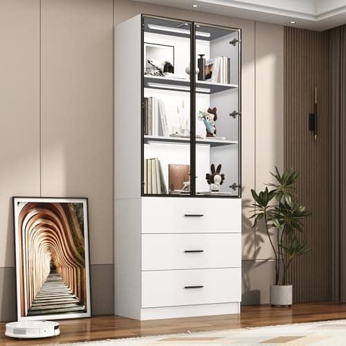 chartustriable 79" Tall Display Cabinet with LED Sensor Light & Pop-up Glass Doors & Drawers, Modern Bookcase Curio Storage Cabinet for Bedroom, Living Room, Office, White 7