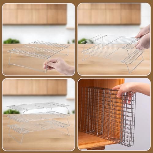 Cooling Rack for Baking 3 Tiers, 16" x 10" Cookie Cooling Wire Rack Stackable Collapsible Nonstick, Stainless Steel Baking Cooking Cooling Racks with Optimum Air Flow, Silver 5