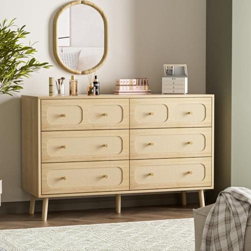 Wananlanen® Rattan Dresser for Bedroom 6 Drawer, Natural Rattan Boho Dresser for Bedroom, Storage Organizer for Closet for Bedroom