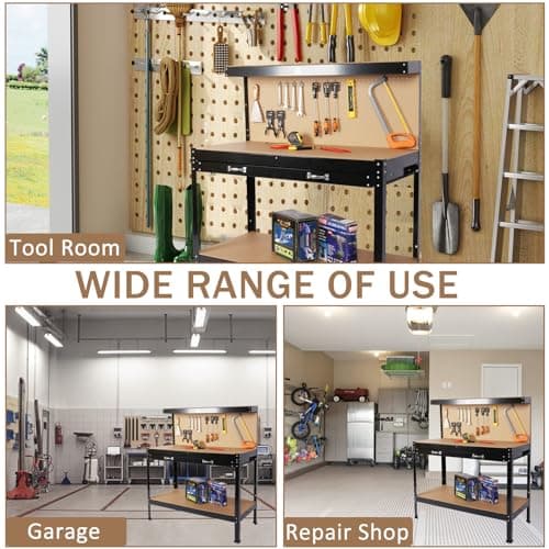 SPOWAY 63'' Garage Workbench, 300 Lbs Load Capacity Heavy Duty Work Bench, Workbench with Pegboard Drawer Backplate Metal Frame Wood Top Workbench for Workshop Office Home Garage 7
