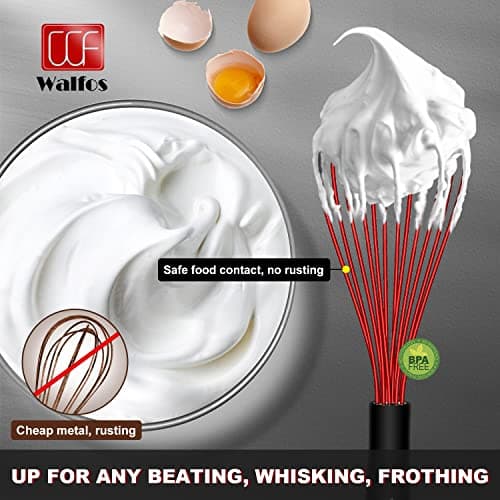 Walfos Whisk,Silicone Whisks- Heat Resistant（480°F） Silicone Whisks for Cooking Non Scratch,BPA free and Dishwasher Safe.Perfect for Blending,Whisking,Beating, Set of 3(Red) 6