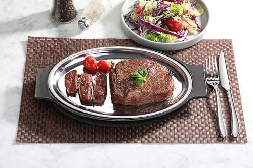 New Star Foodservice 26733 Oval Stainless Steel Sizzling Platter with Insulated Holder, 11.63" x 8", Black 5