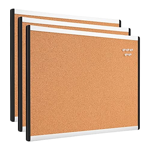 Amazon Basics Cork BulletinBoard, 23" x 17", Pin Board for Office & Home with Aluminum/Plastic Frame, 3 Pack