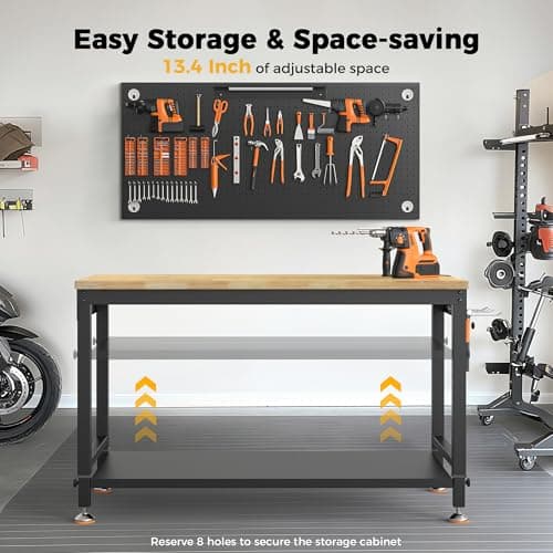 CAMMOO 48" Heavy Duty Work Bench Adjustable Height Max Load 2000 LBS with Storage Shelf for Garage Workbench, Rubberwood Tabletop with Pegboard, LED Light, Built-in Power Strip for Woodworking Shop 7