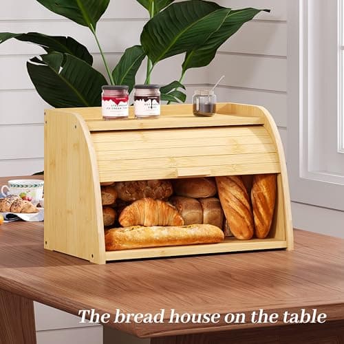 Kitsanery Bread box for kitchen countertop, Bamboo bread storage, Roll-Top bread container, Farmhouse bread holder for homemade bread (single layer) 9