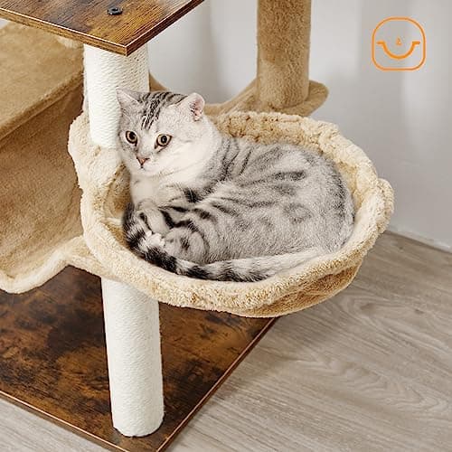 HOOBRO Cat Tree, 58.3 Inches Cat Tower for Indoor Cats, Wooden Cat House with 2 Cat Hammocks, Modern Cat Condo with Cat Scratching Posts, Cat Teaser Sticks, Soft Perches, Rustic Brown FG48CT03 7