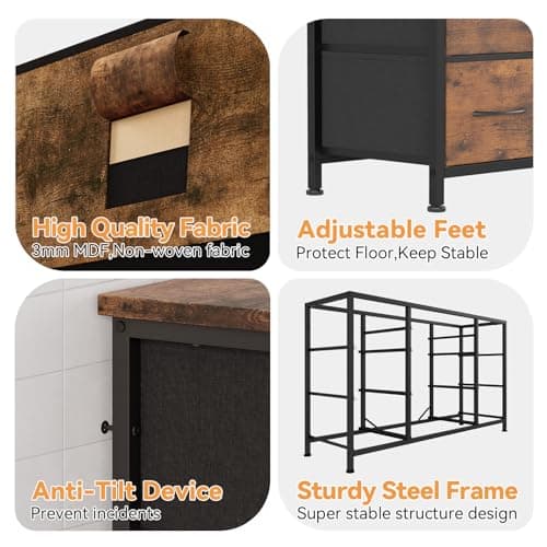 Jojoka Wide Dresser with 10 Large Drawers for 55'' Long TV Stand with Power Outlet Entertainment Center, Storage Fabric Drawer Unit for Bedroom, Closet, Entryway, Sturdy Metal Frame, Rustic Brown 8