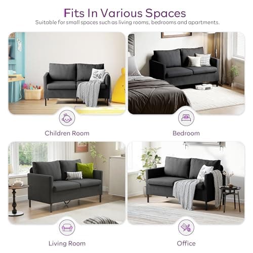 TYBOATLE Linen Fabric Modern Small Loveseat Sofa Couch for Living Room, 51" W Little Upholstered 2-Seater Mini Love Seats w/Iron Legs for Small Space, Apartment, Bedroom, Dorm, Office (Dark Grey) 7