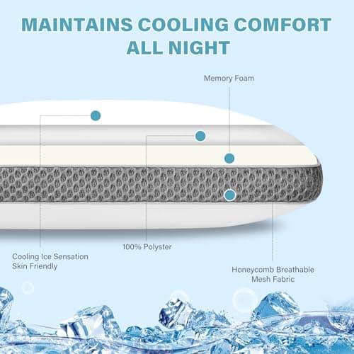 2 Pack Cooling Bed Pillows for Sleeping, Memory Foam Bed Pillows Queen Size Set of 2, Gel Pillow for Sleepers Cool Pillow for Side Back and Stomach Sleepers,Supportive（Grey） 5