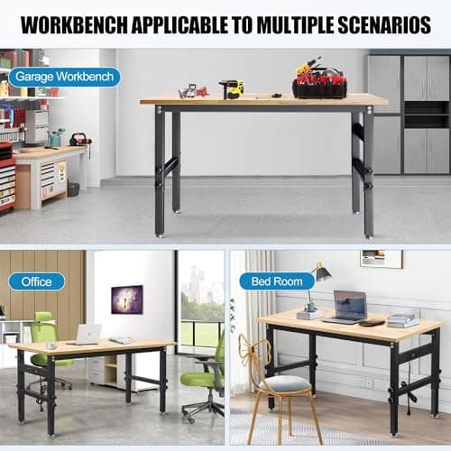 48" Workbench Desk with Power Outlets, Adjustable Height Rubber Wood Top Heavy-Duty Work Table, 2000 LBS Load Capacity Work Station for Garage, Workshop, Office, Home 7