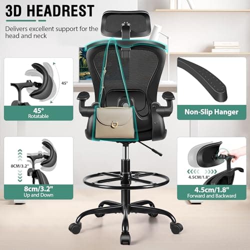 Drafting Chair, Tall Office Chair with 3D Lumbar & Head Support, Ergonomic Mesh Standing Desk Chair with Footring, Comfy Extended High Desk Chair with Flip-Up Arms & Hanger,Black 6