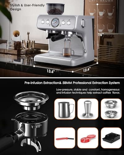 Joy Pebble Espresso Machine,20 Bar Professional Espresso Maker with Coffee Bean Grinder Milk Frother,Coffee Machine for Espresso/Cappuccino/Latte,Single & Double Cup,Stainless Steel 7