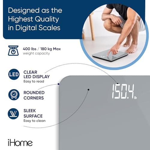 iHome Digital Scale, Bathroom Scale, Batteries Included, Scale Body Weight, Weight Scale, Digital Scale, Bathroom Scales for Weight, Digital Scales for Body Weight (Grey) 6