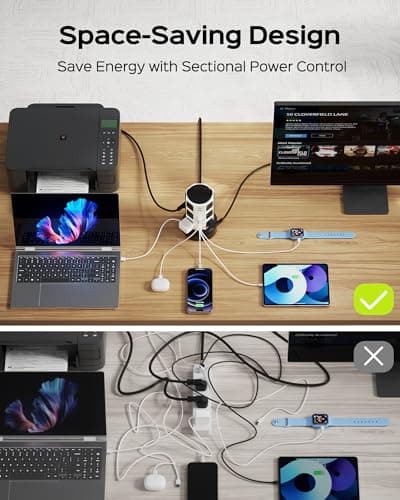 Power Strip Tower Surge Protector, JACKYLED 12 Outlets 6 USB (2 USB C) Charging Station, Extension Cord with Multiple Outlets, 1050J 1625W/13A Outlet Extender 6.5ft Extension Cord for Home Office 7