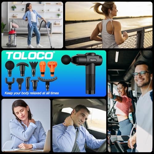 TOLOCO Massage Gun, Deep Tissue Back Massage for Athletes for Pain Relief, Percussion Massager with 10 Massages Heads & Silent Brushless Motor, Valentines Day Gifts for Him Her, Black 7