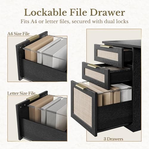 Perledesign 63 Inches L Shaped Standing Desk, Executive Standing Desk with Drawers and File Cabinet, AC/USB, 1.18" Desktop, Multi-Sized Storage Cubby, Privacy Panel, Rattan Computer Desk, Black 5