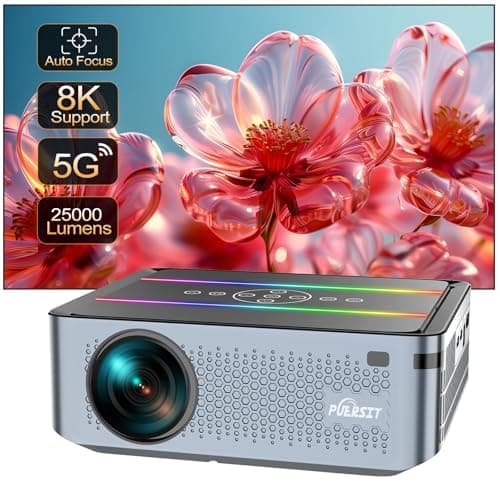 Auto Focus 4K/8K Projector with 5G WiFi and Bluetooth, Portable Outdoor Movie Theater Compatible with HDMI, USB, iPhone, Android, TV Stick, Laptop, DVD, PS5