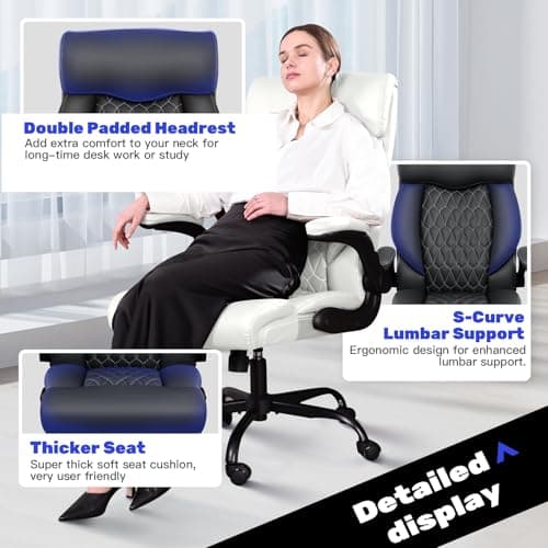 High Back Executive Office Chair - Ergonomic Computer Desk with Rocking Function, Leather Managerial with Adjustable Flip-Up Armrests and Lumbar Support 6