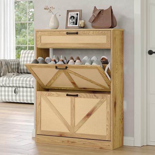 Diwnnue Wooden Shoe Storage Cabinet with 2 Rattan Flip Drawers, Farmhouse Freestanding Organizer for Hallway, Entryway, Foyer, Narrow Shoe Rack Cabinet, Rustic Oak Rattan