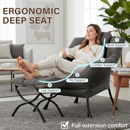 Welnow Lazy Chair with Ottoman, Modern Accent Chair with Armrests and a Side Pocket, Leisure Sofa Armchair, Reading Armchair with Footrest for Small Space, Dark Grey 5