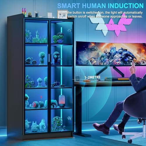 Lvifur 5 Tier Display Cabinet for Living Room, LED Bookcase with Human Body Induction Lights, 65” Tall Curio Cabinets with Adjustable Shelves for Office (Black) 5