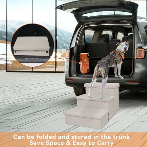 Zerbuger Dog Stairs with Storage 18" H, 3-Step Wider Dog Steps for Small/Medium/Large Old Dogs Cats, Folding Sturdy Pet Stairs Climbing Bed or Couch, Ramp for Car Up to 200 lbs (Beige, No Condo) 7