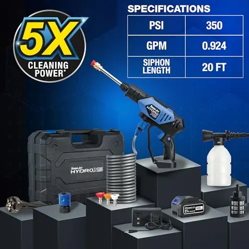 Ontel Turbo Jet HydroX5 Pro Portable Cordless Pressure Washer (21V 3000mAh Battery), 6-in-1 Nozzle, Dual Water Source, 16ft Detachable Hose 12