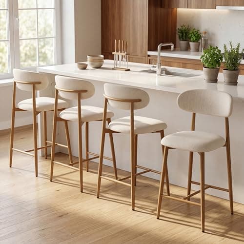 AQO Counter Height Bar Stools Set of 4, Upholstered Counter Stools Modern Barstools with Metal Legs for Kitchen Island Dining Room, Beige