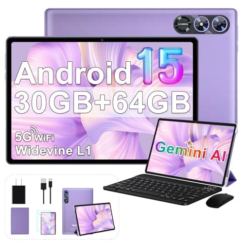 2026 Android 15 Tablet, 10 Inch Tablets with Gemini AI, 30GB+64GB+1TB Expand, 2-in-1 Octa-Core Electronics Tablets with Keyboard, Mouse, 5G WiFi, 6000mAh, GPS, Widevine L1, Split Screen -Violet